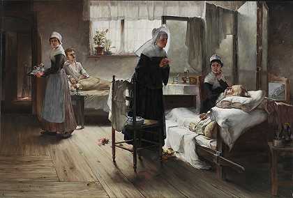 伊万杰琳发现她在医院里结婚了`Evangeline Discovering her Affianced in the Hospital (between 1887 and 1889) by Samuel G. Richards