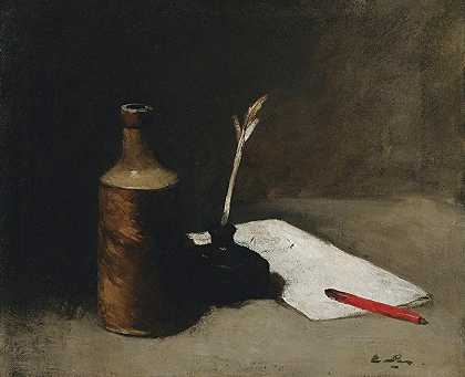 静物画与瓶子、墨水瓶和字母`Still Life With Bottle, Inkpot And Letter by Germain-Théodore Ribot