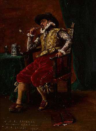 冒烟`Cavalier Smoking (1887) by Adolphe-Alexandre Lesrel