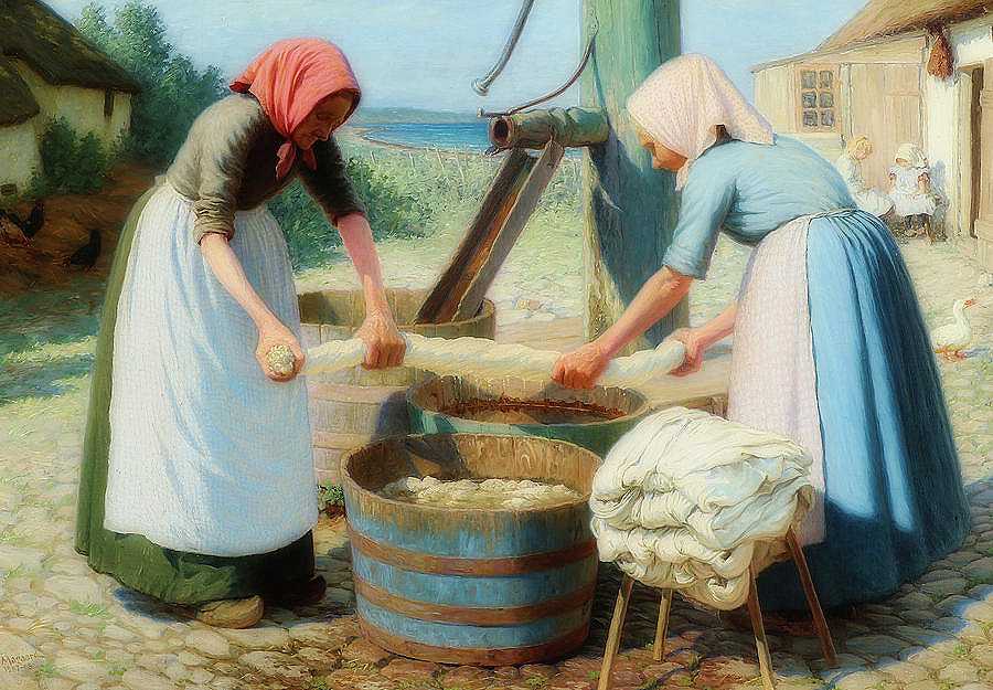 两个女人在洗衣服`A Couple Of Women Doing Laundry