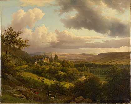 从卢森堡景观可以看到伯格城堡`Luxemburgische Landschaft mit Blick auf Schloss Berg (1846) by Barend Cornelis Koekkoek
