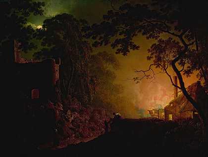 夜间失火的小屋`A cottage on fire at night by Joseph Wright of Derby