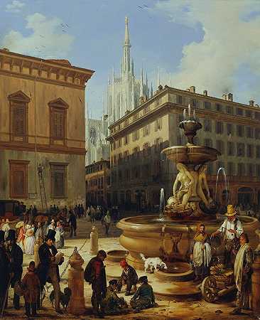 米兰街景，背景为大教堂`Straßenansicht aus Mailand, im Hintergrund der Dom (1844) by Angelo Inganni