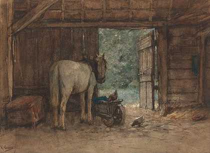 在敞开的马厩门前的马厩里的马`Paard in een stal bij een open staldeur (c. 1848 ~ c. 1888) by Anton Mauve