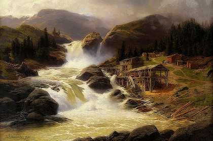 挪威瀑布和锯木厂`Norweigian Waterfall With Sawmill