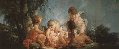 与鸽子一起玩耍的五个情人小组`Groupe de cinq Amours jouant avec des colombes (1761) by Jean-François Clermont
