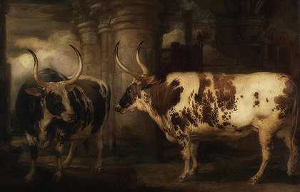 两头公牛的肖像——鲍威尔伯爵的财产`Portrait Of Two Oxen – The Property Of The Earl Of Powis