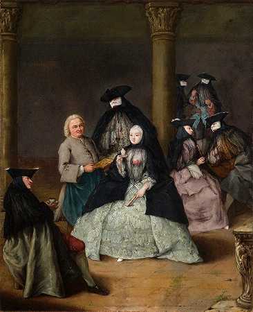 院子里的蒙面派对`Masked Party in a Courtyard (1755) by Pietro Longhi