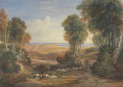 塞文河和怀河与远处切普斯托的交汇处`The Junction of the Severn and the Wye with Chepstow in the Distance (1830) by David Cox