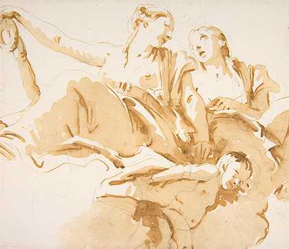 两个女人，一个拿着锚，一个在云上的推杆`Two Women, One Holding an Anchor, and a Putto on Clouds (1696–1770) by Giovanni Battista Tiepolo