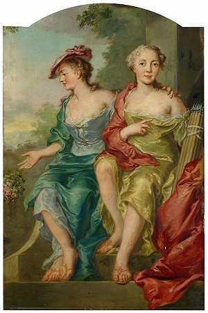 两位女士的双画像，扮演谢泼德`Double Portrait of Two Ladies as Sheperdess (1742) by Johann Heinrich Keller II