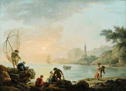 日出时的渔民`Fishers at the sunrise by Claude-Joseph Vernet