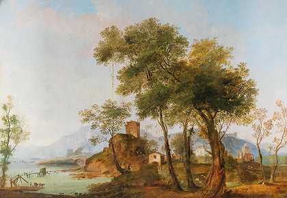田园风光`A bucolic river landscape by Giuseppe Bernardino Bison