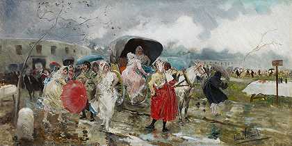 离开斗牛场，雨`Leaving the Bullring, Rain (c. 1885) by Eugenio Lucas Villamil