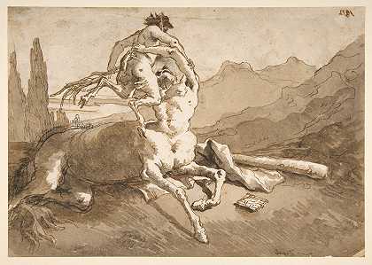 半人马举起一只年轻的色狼`Centaur Holding Up a Youthful Satyr (1727–1804) by Giovanni Domenico Tiepolo