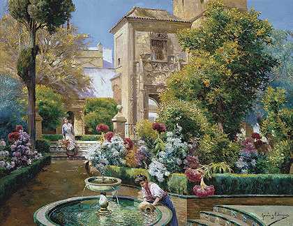 塞维利亚阿尔卡扎花园`The Alcazar Gardens, Seville (c. 1920~1925) by Manuel García y Rodríguez