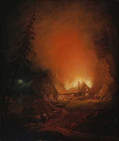 农舍的夜间火灾`Fire At Night In A Peasant House (1809) by Alexander Lauréus