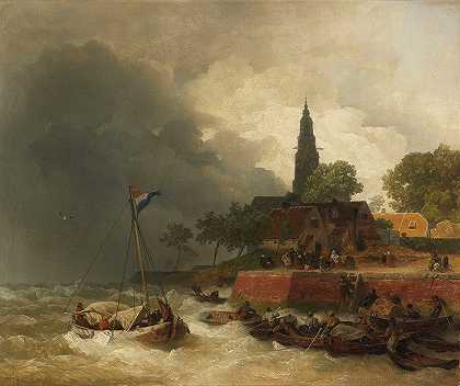 风暴中的荷兰港口`Holländischer Hafen bei Sturm (1890) by Andreas Achenbach