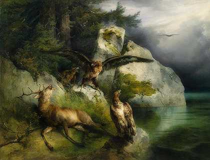 湖岸上的老鹰和垂死的鹿`Eagle And Dying Deer On The Lake Shore