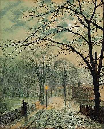 月光下的漫步，怀特岛邦彻奇`A moonlit stroll, Bonchurch, Isle of Wight (1878) by John Atkinson Grimshaw