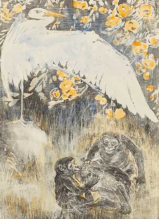 苍鹭和三只猴子`Heron With Three Monkeys (1905) by Theo van Hoytema
