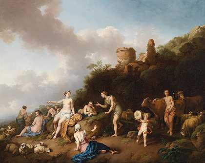 戴安娜和她的仙女的田园风光`Pastorale Landschaft mit Diana und ihren Nymphen (1754) by Christian Wilhelm Ernst Dietrich