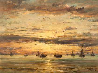 Scheveningen的日落——停泊着的渔船群`Sunset at Scheveningen – A Fleet of Fishing Vessels at Anchor