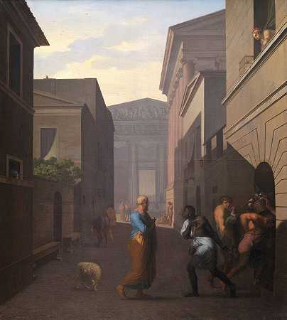 西莫和他的前奴隶索西亚。来自特伦斯的安德里亚。`Simo and his former slave Sosia. From Terence´s Andria. (1803) by Nicolai Abraham Abildgaard
