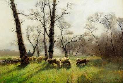 牧羊人和他的羊群在黄昏的灯光下`Shepherd With His Flock In The Evening Light