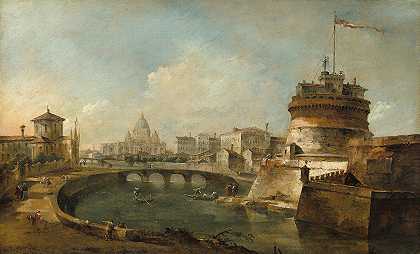 圣城堡的奇幻景观安杰洛，罗马`Fanciful View of the Castel SantAngelo,Rome (c. 1785) by Francesco Guardi