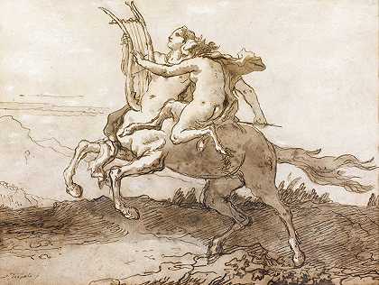 手持七弦琴的半人马，与一只母牧神驰骋`A Centaur Holding A Lyre, Galloping With A Female Faun by Giovanni Domenico Tiepolo