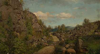 曼达尔前岛路的晨曦。`Morgenstemning ved Frøislandsveien, Mandal (1863) by Amaldus Nielsen