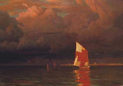 芬兰湾日落时的帆船`Sailing Boat At Sunset On The Gulf Of Finland