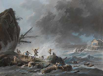 风暴中岩石海岸上的沉船`A shipwreck on a rocky coast during a storm by Jean-Baptiste Pillement