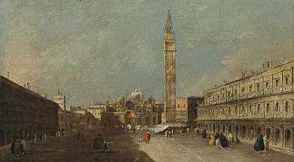 威尼斯，圣马可广场向东眺望大教堂`Venice, A View Of Piazza San Marco Looking East Towards The Basilica by Francesco Guardi
