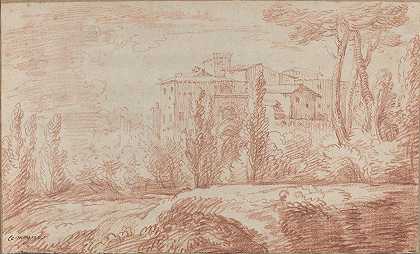 透过树木可以看到一座意大利城墙城镇`An Italian Walled Town Seen through Trees (c. 1724) by François Lemoyne