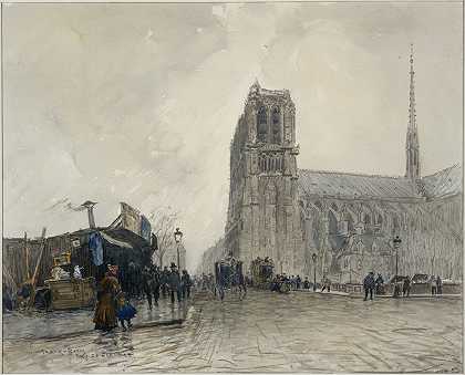 圣母院双层甲板景观`Notre~Dame vue du Pont au Double (1900) by Frank Myers Boggs