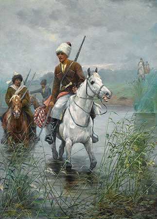骑马的哥萨克`Cossacks on Horseback (1894) by Dmitri Petrovich Ventsenostsev