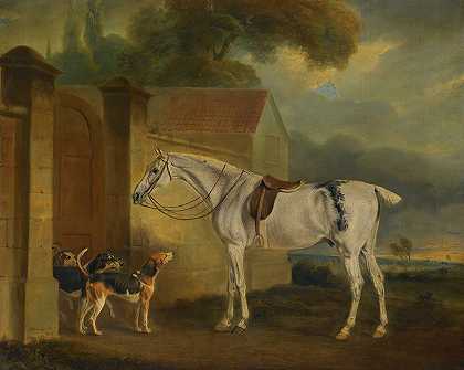 朗斯代尔勋爵被跳蚤咬伤的灰色猎人布拉斯和科茨莫尔猎犬在科茨莫尔`Lord Lonsdales Fleabitten Grey Hunter, Brass, At Cottesmore With The Cottesmore Hounds (1818) by John Ferneley