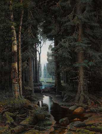 森林溪流`Forest Stream by Vladimir Arkhipovich Bondarenko