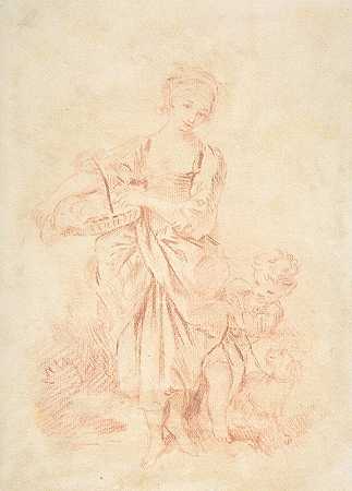 带着男孩和狗的小女孩`Young Girl with a Boy and a Dog (18th century) by François Boucher