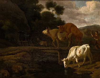 人行桥上的奶牛`Cows on a Footbridge by Dirck van Bergen