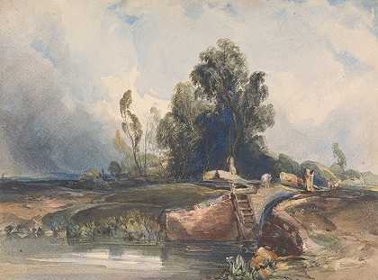 运河和水闸景观数字锁定`Landscape with Canal and Lock; Figures at Lock by Thomas Sully