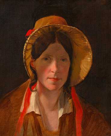 戴佛罗伦萨帽子的安东尼·阿梅林（艺术家的第一任妻子）`Antonie Amerling mit Florentinerhut (1. Gattin des Künstlers) (1834) by Friedrich von Amerling