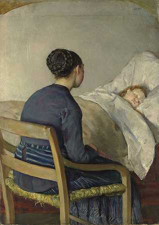 母亲看着她的孩子s床`Mother at her Childs Bed (1884) by Christian Krohg