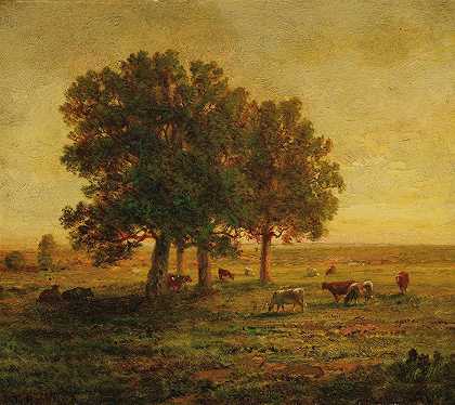 一群橡树下的牛`Vaches Sous Un Groupe De Chênes, Apremont by Théodore Rousseau
