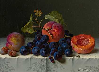 桌子上桃子、葡萄和坚果的静物画`Still Life Of Peaches, Grapes, And Nuts On A Table by Emilie Preyer