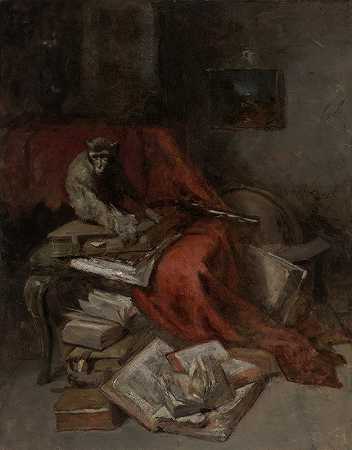 玩弄文学`Monkeying with Literature (ca. 1877–78) by William Merritt Chase