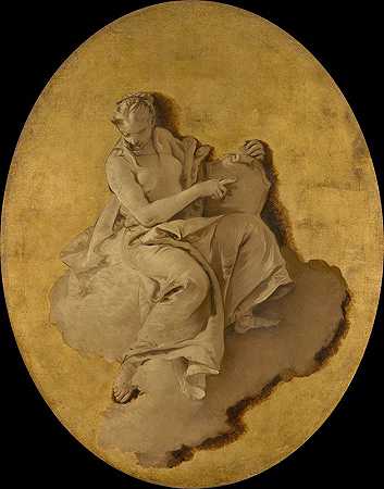 一个拿着盾牌或镜子的女人的寓言形象`Allegorical Figure of a Woman with a Shield or a Mirror (c. 1740 ~ 1750) by Giovanni Battista Tiepolo
