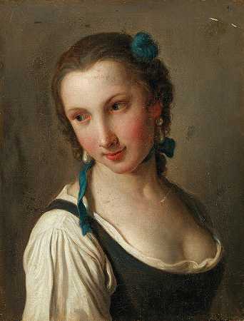 头发上插着花的年轻女子`A Young Woman With A Flower In Her Hair by Pietro Rotari